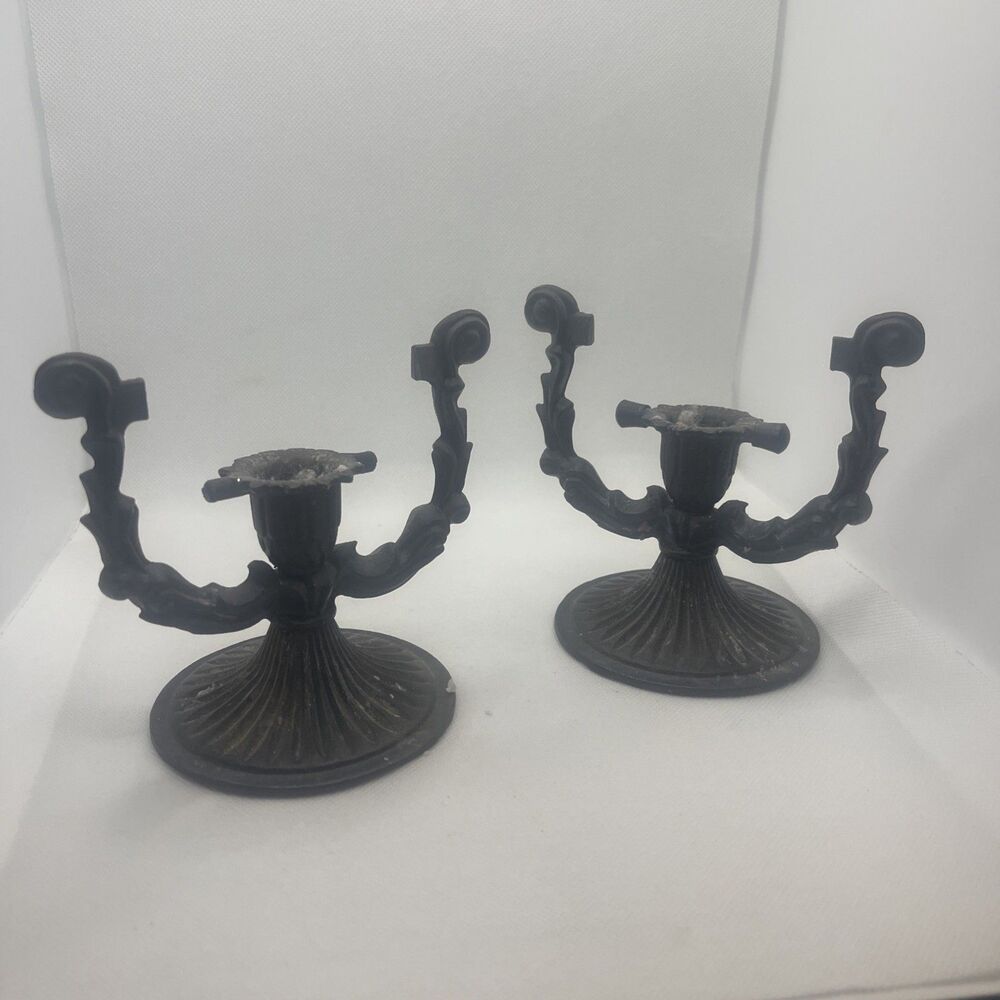 2-Antique Spiller-Batavia Ornate Cast Iron Candle Holders HTF